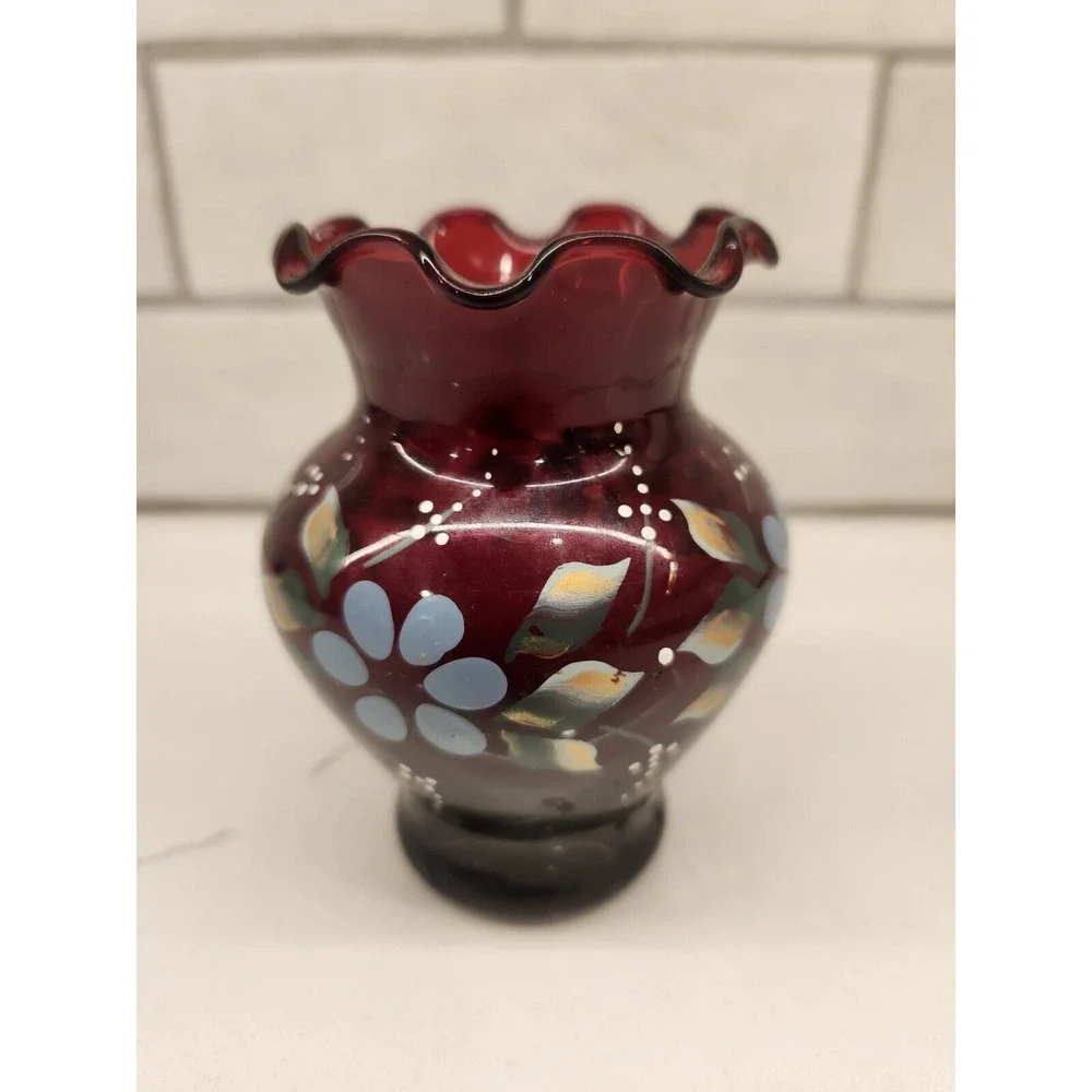 Vintage Anchor Hocking Royal Ruby Hand Painted‎ Bud Vase With Flowers 4 Inches